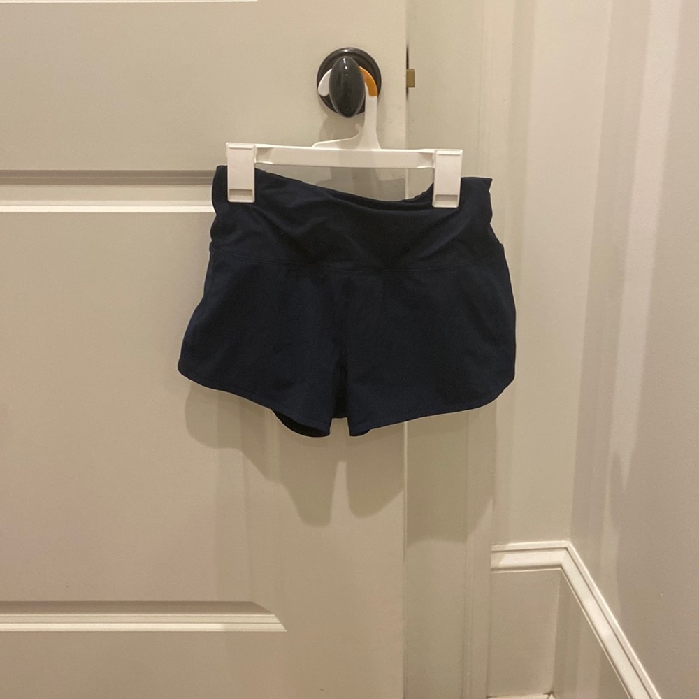 2.5 inch high waisted navy blue lululemon shorts